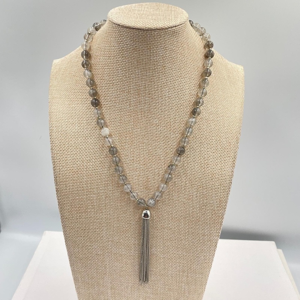 Vintage Silver‎ Tassel Necklace Gray Rutilated Quartz Bead Strand Long Boho 80s